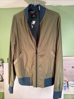 PS Paul Smith Olive Green Bomber Jacket with Dark Teal Trim